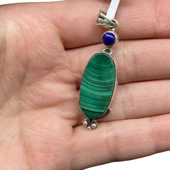 Malachite & Lapis Necklace Pendant 925 Solid Sterling Silver Natural Stone Green - Picture 2 of 4